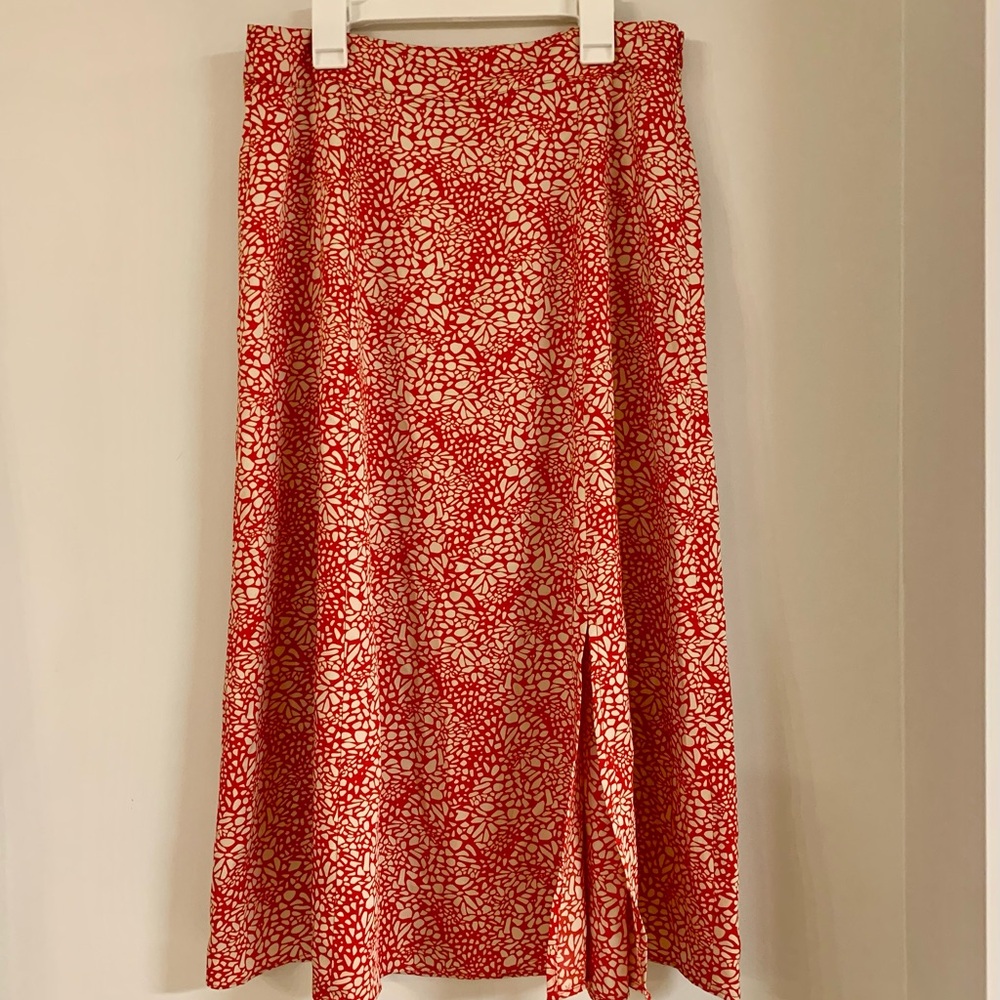 LOFT Red and Cream A-Line Midi Skirt with Slit